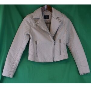 Abercrombie & Fitch Cream Faux Leather Moto Biker Jacket Small Off White Quilted